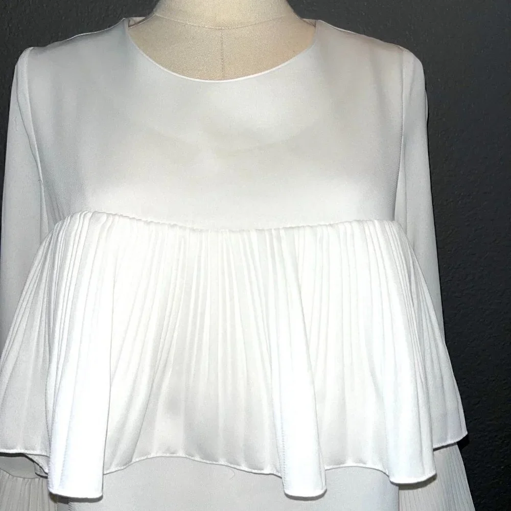 HAILEY Multi Layer Pleated Ruffle Long Sleeve White Crepe Chandelier Dress EUC M - Picture 2 of 10